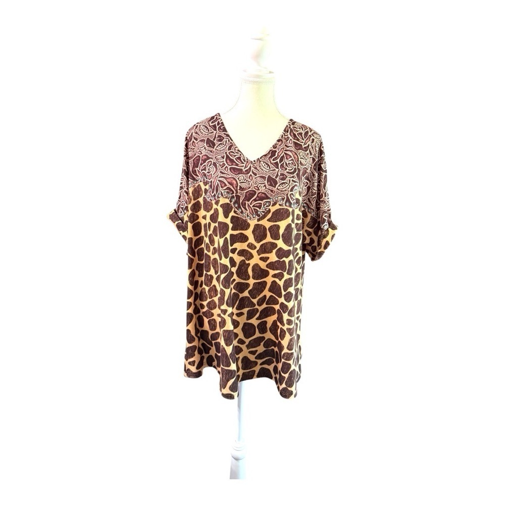 Southern Stitch Mixed Print Animal & Floral V-Neck Top Size L
